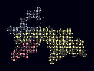 Tajikistan, shape of the country build of colored cells. Digital style map of the Tajikistan on dark background. Small size rounded square blocks. Beautiful vector illustration.