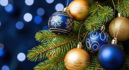 Christmas tree with shimmering blue and gold ornaments
