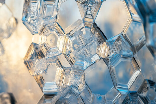 Close-up of delicate ice crystals forming mesmerizing geometric patterns