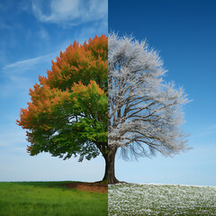 A single tree showcases the stark differences between the vibrant life of summer and the stark, bare beauty of winter.