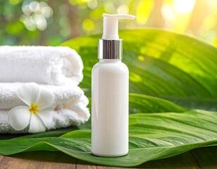 Skincare bottle, rolled towels, and flower sit on a leaf