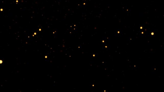 Abstract animation loop flickering glow gold particles flow on black background for screen project overlay. 4K 3D seamless looping gold bokeh particles dust fly in the air.