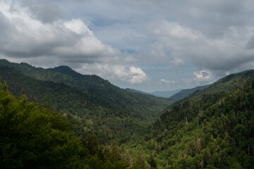 a view along a mountain valley covered in trees as far as the eye can see on a cloudy and overcast day but with spots of sunlight poking through the coulds