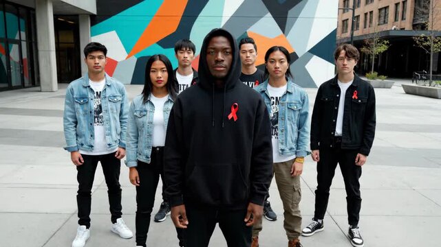 Youth solidarity movement for health awareness, a diverse team of young advocates united against stigma with red ribbons