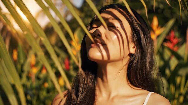 A serene woman with long hair stands contemplatively in front of a majestic palm tree, embodying tonal balance as her eyes are closed, perfectly capturing the essence of relaxation and wellness.