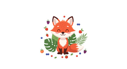 Naklejka premium Charming happy cartoon fox illustration surrounded by berries and leaves