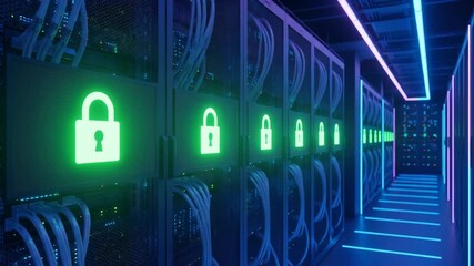 Green lock icons on server racks in a data center for digital information and personal data protection abstract concept - Powered by Adobe