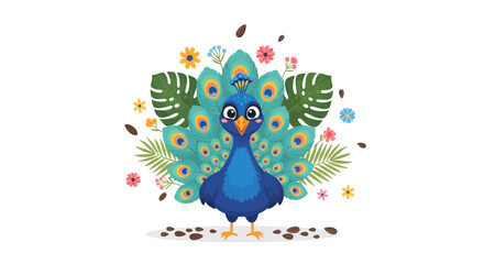 Fototapeta premium Charming Blue Peacock illustration with vibrant tail feathers and blossoms