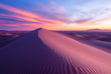 Color-shifting sand dunes with patterns glowing in dreamlike sunset