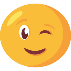 Winking yellow emoji face with a smiling mouth and a closed eye on a transparent background conveying a playful or mischievous emotion with a friendly expression