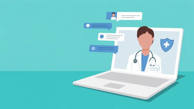 Female doctor with Stethoscope Using Laptop &ndash; Online Consultation Concept Showing Doctor Profile and Chat Bubbles on Teal Background