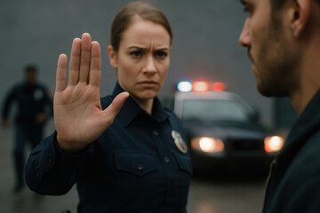 Serious female police officer making stop gesture with hand, confronting suspect outdoors in front of patrol car with flashing lights