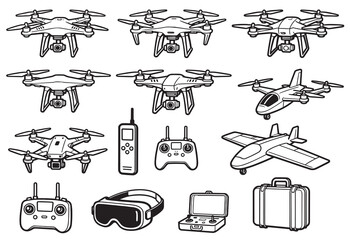 다양한 미니멀 드론 디자인과 액세서리를 묘사한 라인 아트 아이콘 모음