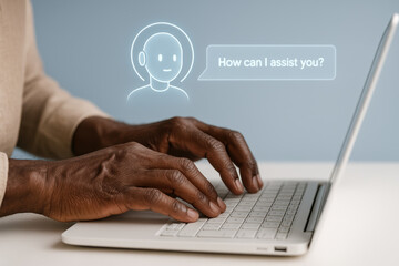 Chatbot assistance interface with person typing on laptop, artificial intelligence customer support technology, digital communication
