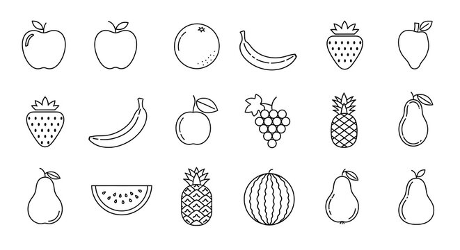 Collection of Hand-Drawn Fruit Icons in Black and White.
