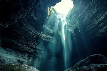 A mystical light shaft illuminating a waterfall within a deep cavern