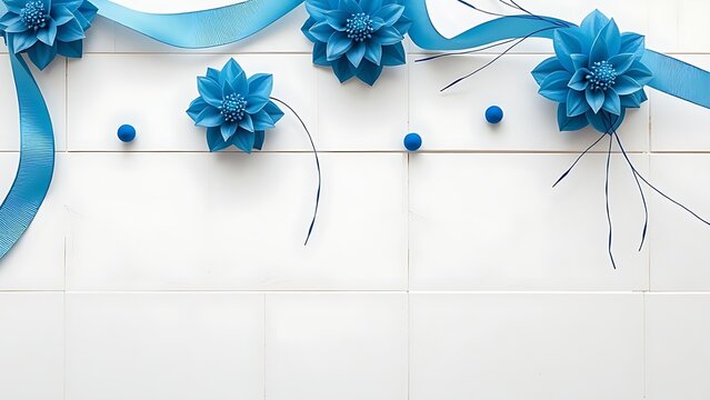 Celebration concept with blue decorative elements on a white wooden background.