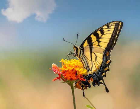 Side view of a butterfly perched on a colorful flower