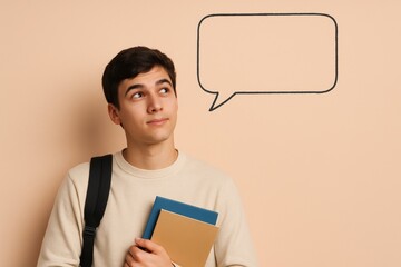 Thoughtful teen looking up at blank speech bubble on pastel background copy space