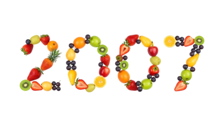 2007 formed from fresh fruits and berries on a black background year new year isolated on a transparent background