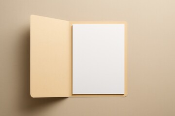 Top view of open manila folder with crisp blank sheets on neutral desk copy space