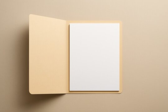 Top view of open manila folder with crisp blank sheets on neutral desk copy space