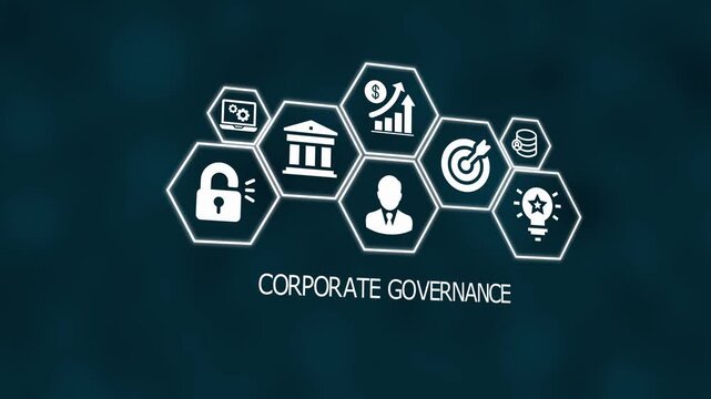 Corporate Governance and Strategic Management Concept. Futuristic Icons Representing Business Ethics, Organization, and Leadership Excellence.