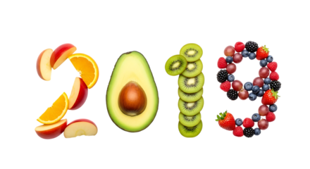2019 formed from fresh fruits and avocado on black background new year isolated on a transparent background