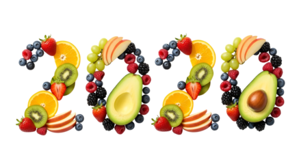2020 formed from fresh fruits and avocado on black background new year isolated on a transparent background