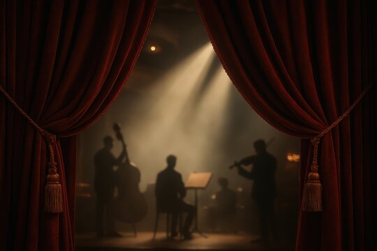 Velvet theater curtains parting to reveal gently lit stage with musicians in warm haze
