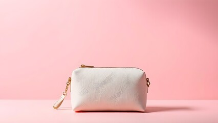 Fototapeta premium Elegant cosmetic bag on soft pink background, highlighting texture and design.