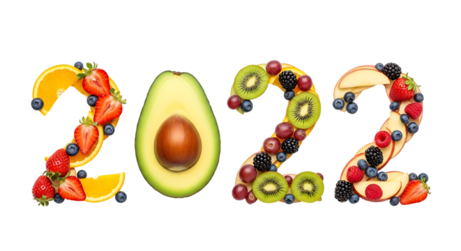 2022 Year Number Composed of Fresh Fruits and Avocado on Black Background new year isolated on a transparent background