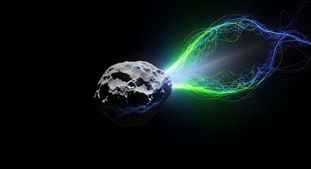 Powerful celestial body in deep space, illuminating the cosmic darkness with dynamic streams of vibrant green and blue electrical energy discharge