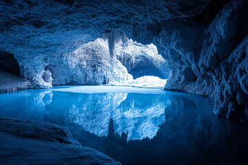 A mystical winter frost covering the cave walls of an underground lake