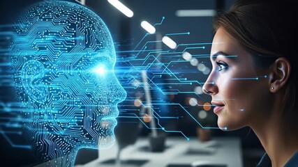 Visionary Woman Connected to Luminous Hologram at Sunset Beach, Representing Technological Innovation Ideal for Corporate Websites and Presentations.