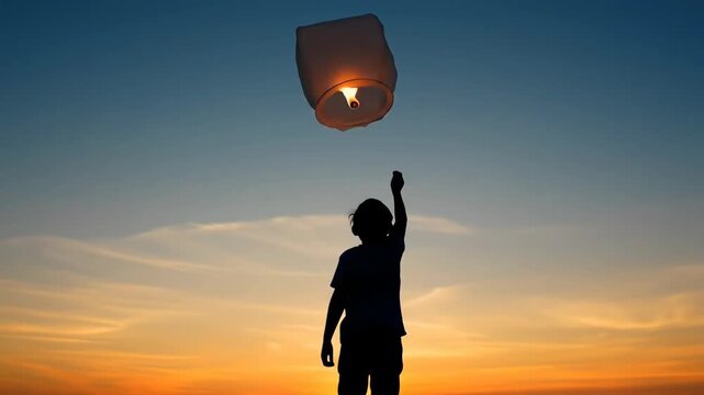Silhouette of a child releasing a sky lantern at sunset. Ideal for wish-related themes