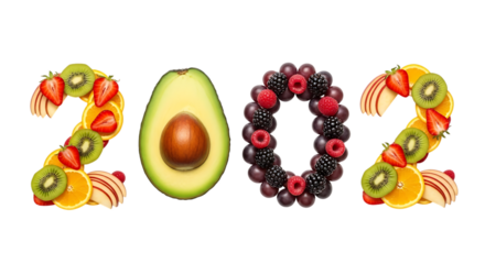 Creative Fruit Numbers 2002 Displayed on a Black Background Keywords: 2002, year, number, fruit, fruits, fresh, healthy, food, organic, natural isolated on a transparent background