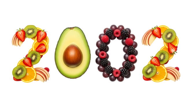 Creative Fruit Numbers 2002 Displayed on a Black Background Keywords: 2002, year, number, fruit, fruits, fresh, healthy, food, organic, natural isolated on a transparent background