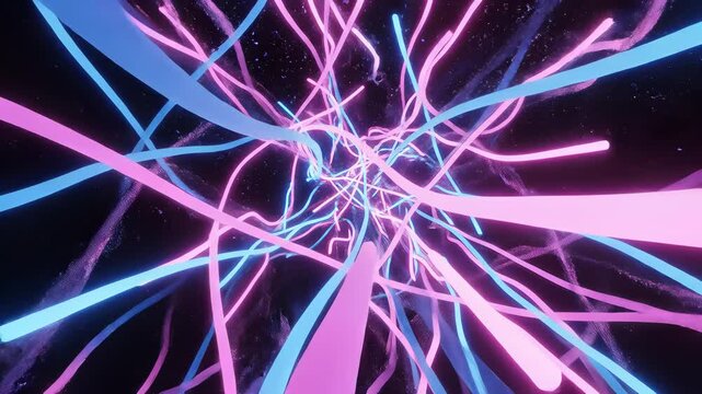 Neon abstract animation of dynamic, swirling lines in shades of pink and blue dancing across a dark background, capturing the concept of technological innovation and futuristic energy.
