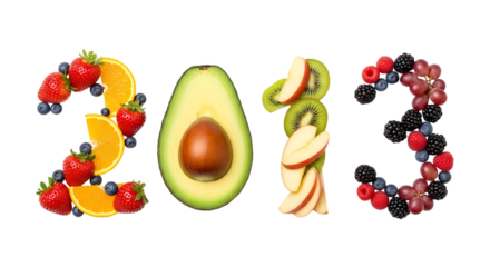 Fresh Fruit Arranged to Form the Year 2013 on a Black Background food isolated on a transparent background