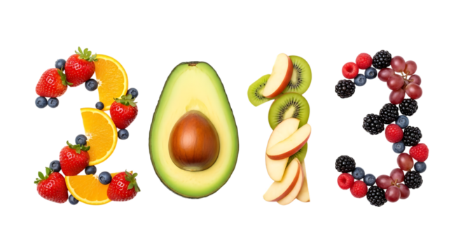 Fresh Fruit Arranged to Form the Year 2013 on a Black Background food isolated on a transparent background