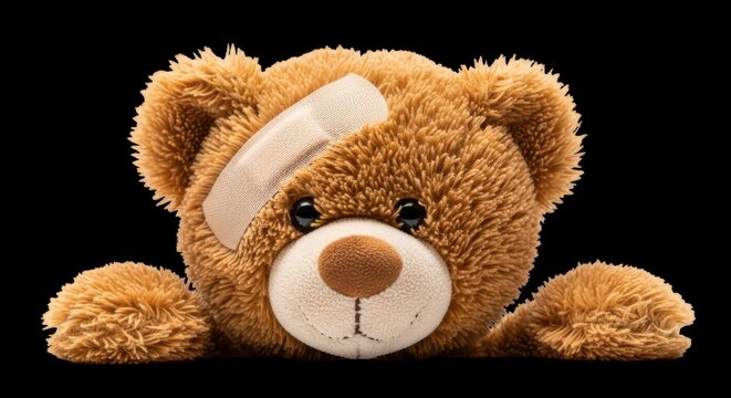 Injured teddy bear with bandage on head on black background