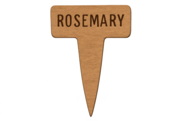 Wooden rosemary herb plant marker with text, transparent background