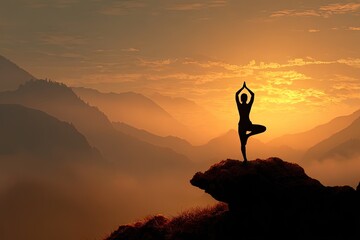 Silhouette Woman In Yoga Pose On Mountain Sunrise