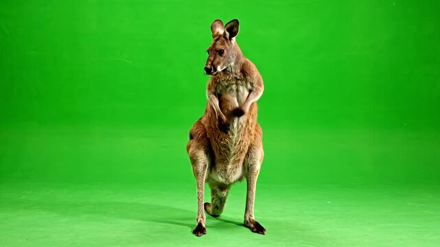 Kangaroo stands alert against a vibrant green background, ready for digital manipulation.