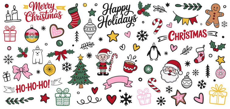 Cute Christmas Doodle Vector Set; SVG with Transparent Background