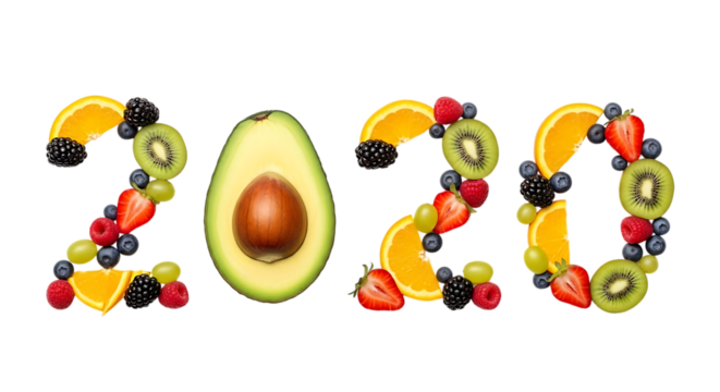 Fresh Fruit Composition Forming the Year 2020 on a Black Background number isolated on a transparent background