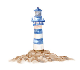 Watercolor lighthouse isolated on transparent background. Perfect for nursery wallpaper.