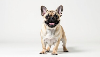 Obraz premium A playful pug, alone, against a stark white backdrop, closeup, dog breed, brown