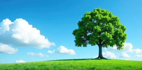 Fototapeta premium A single tree isolated against a clear blue sky and fluffy clouds, tree, isolation